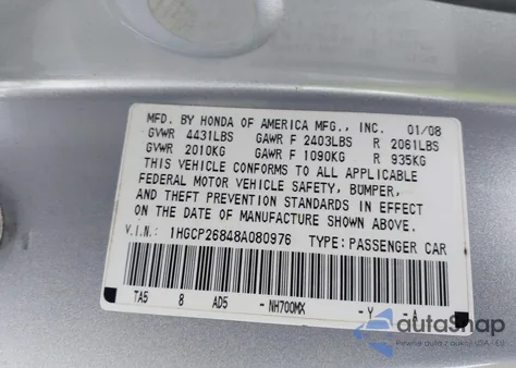 2008 Honda Accord 2.4 Ex-L z USA, uszkodzony, nr VIN 1HGCP26848A080976